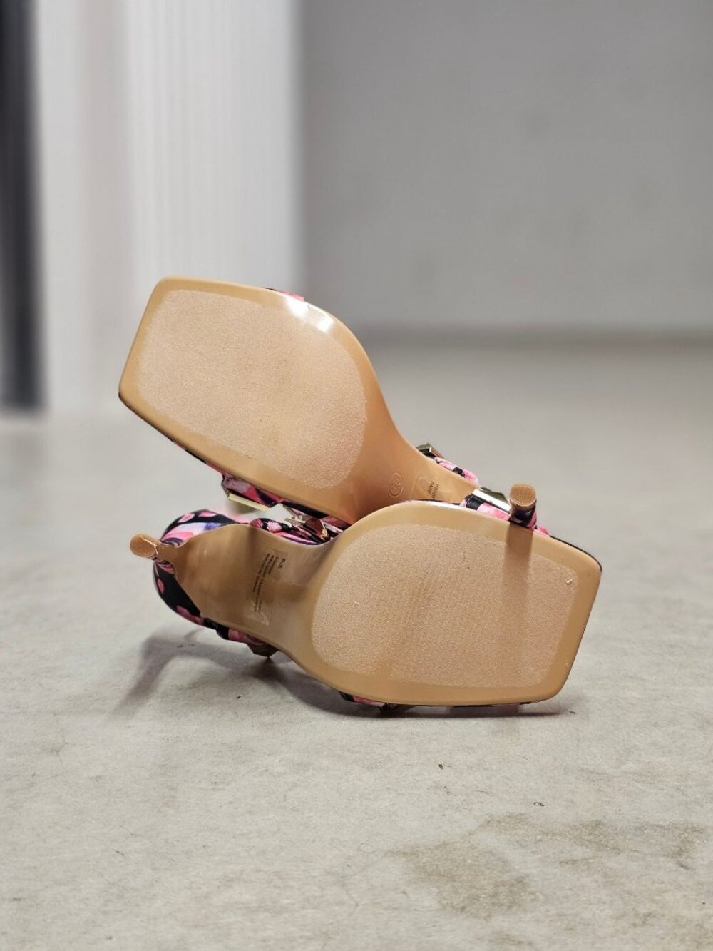 Pink & Gold Studded High Heel Sandals With Floral Pattern Open Toe Stiletto Heel - Picture 6 of 13